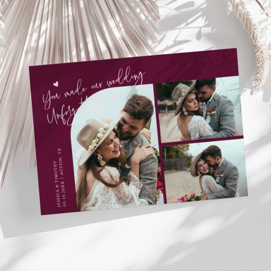 Unforgettable Wedding Cranberry Multi Photo Bedankkaart