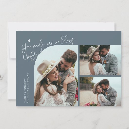 Unforgettable Wedding Slate Blue Multi Photo Bedankkaart (Voorkant)