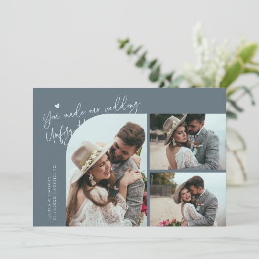 Unforgettable Wedding Slate Blue Multi Photo Bedankkaart (Staand voorkant)