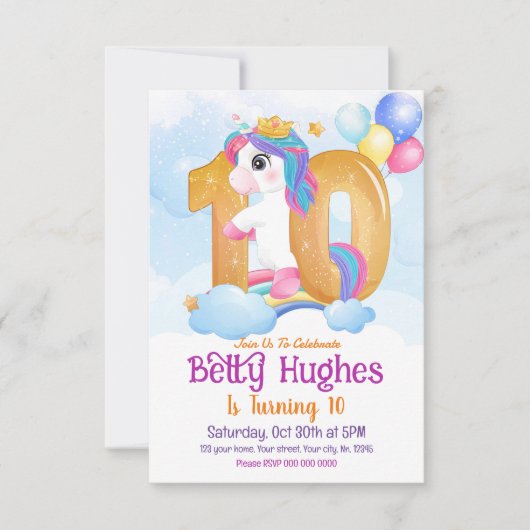 Unicorn 10th Birthday Invitation Kaart (Voorkant)