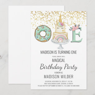 Unicorn 1e verjaardag Gold Aqua Pink White Kaart