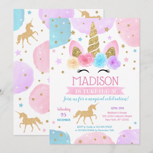 Unicorn 1e verjaardag kaart (Voorkant / Achterkant)