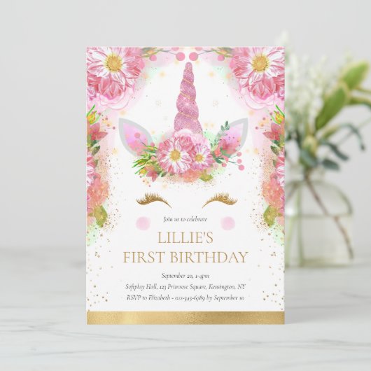 Unicorn 1e verjaardag Roze Glitter Uitnodiging (Staand voorkant)