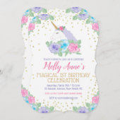 Unicorn 1er anniversaire Invitation en rose et or (Devant / Derrière)