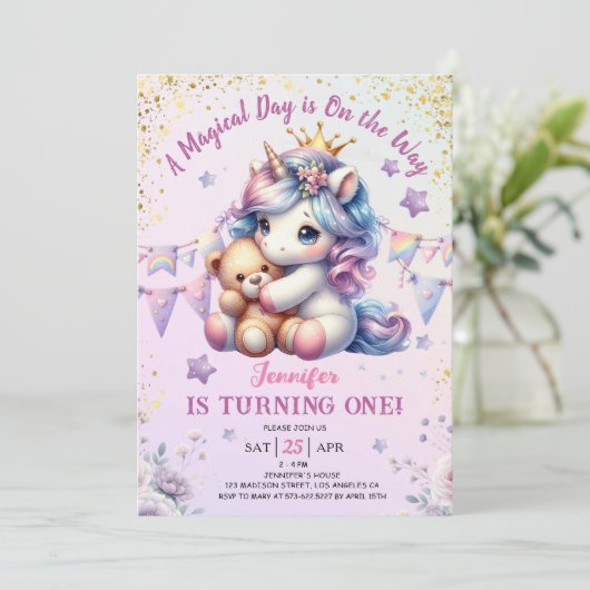 Unicorn 1er anniversaire Invitation fille rose or  (Debout devant)