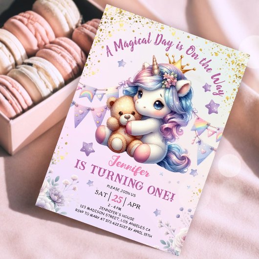 Unicorn 1er anniversaire Invitation fille rose or 