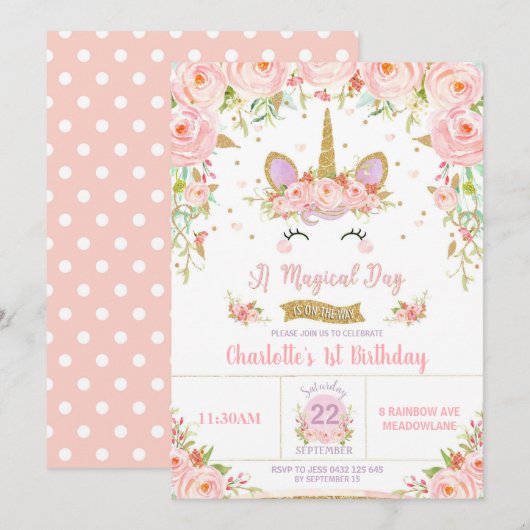 Unicorn 1er anniversaire Invitation florale Whimsi (Devant / Derrière)