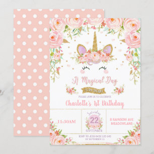Unicorn 1er anniversaire Invitation florale Whimsi