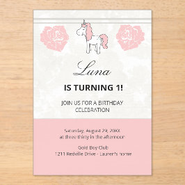 Unicorn 1st Birthday Cute Pink  Acryl Uitnodigingen
