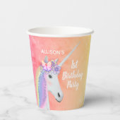 Unicorn 1st Birthday Roze Paarse Waterverf Papieren Bekers (Achterkant)