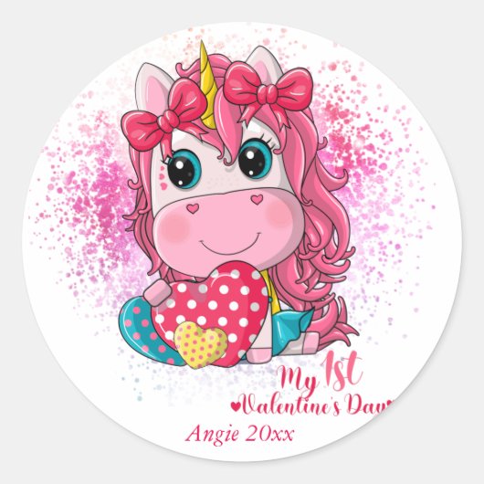 Unicorn 1st Valentines Day Ronde Sticker (Voorkant)