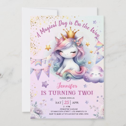 Unicorn 2e anniversaire Invitation fille rose et o (Devant)