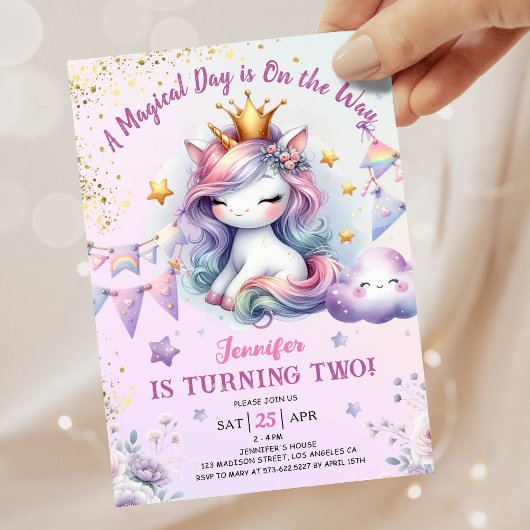 Unicorn 2e anniversaire Invitation fille rose et o