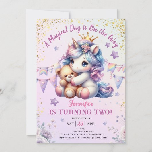 Unicorn 2e anniversaire Invitation fille rose or m (Devant)