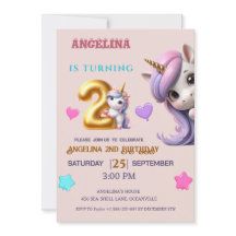 Unicorn 2e anniversaire Invitation fille violet & 