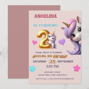Unicorn 2e anniversaire Invitation fille violet &