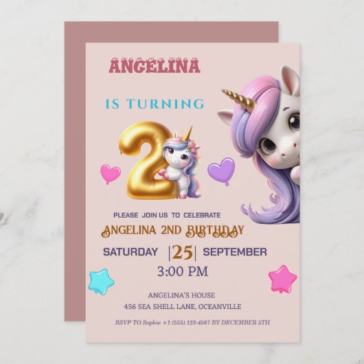 Unicorn 2e anniversaire Invitation fille violet & (Devant / Derrière)