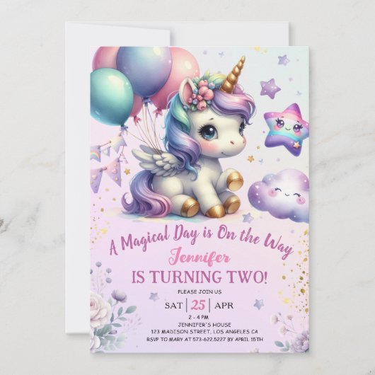 Unicorn 2e anniversaire Invitation fille violet & (Devant)
