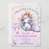 Unicorn 3e anniversaire Invitation fille rose et o (Devant)