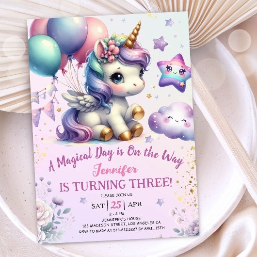 Unicorn 3e anniversaire Invitation fille violet &