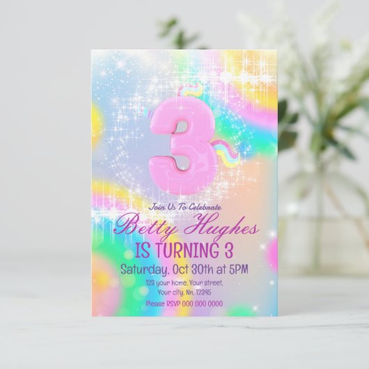 Unicorn 3rd Birthday Invitation Kaart (Staand voorkant)