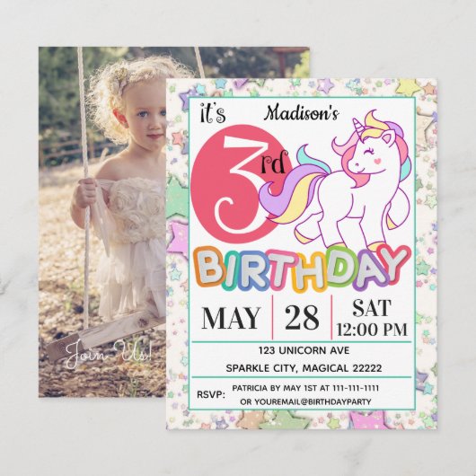 Unicorn 3rd Birthday Party Invitation Kaart (Voorkant / Achterkant)