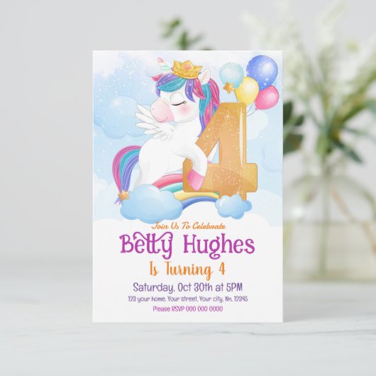 Unicorn 4e anniversaire Invitation (Debout devant)
