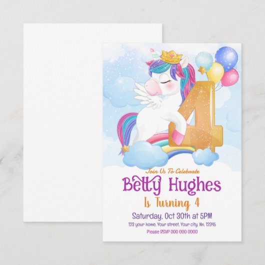 Unicorn 4e anniversaire Invitation (Devant / Derrière)
