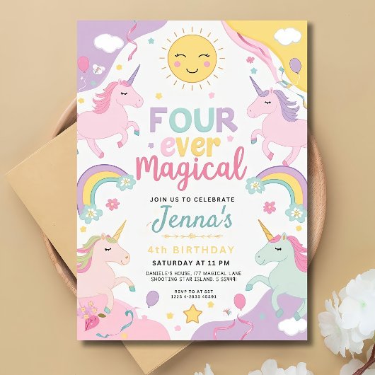 Unicorn 4e anniversaire Invitation Editable Rainbo