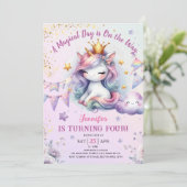 Unicorn 4e anniversaire Invitation fille rose et o (Debout devant)