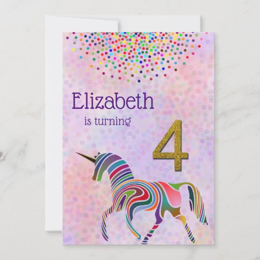 Unicorn 4e verjaardag uitnodiging glitter confetti (Voorkant)