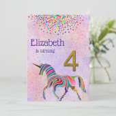 Unicorn 4e verjaardag uitnodiging glitter confetti (Staand voorkant)