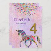 Unicorn 4e verjaardag uitnodiging glitter confetti (Voorkant / Achterkant)