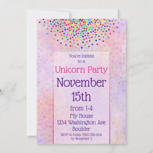 Unicorn 5e verjaardag uitnodiging glitter confetti (Achterkant)