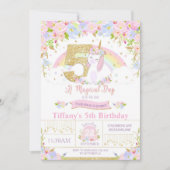 Unicorn 5th Birthday Invitation Floral Rainbow Kaart (Voorkant)