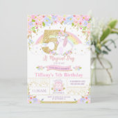 Unicorn 5th Birthday Invitation Floral Rainbow Kaart (Staand voorkant)
