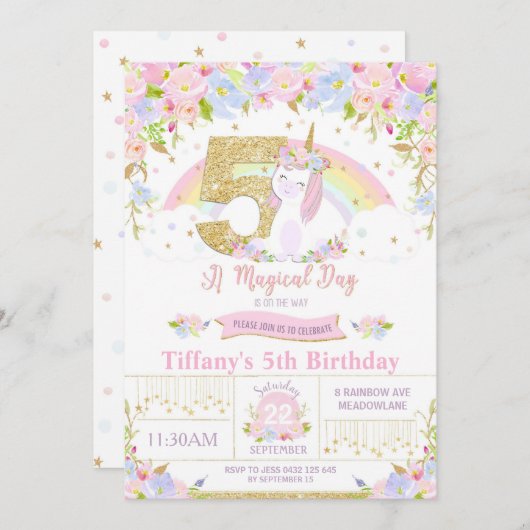 Unicorn 5th Birthday Invitation Floral Rainbow Kaart (Voorkant / Achterkant)