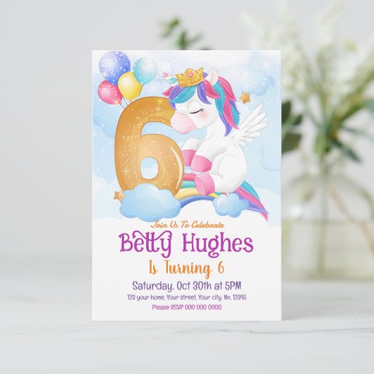 Unicorn 6e anniversaire Invitation (Debout devant)