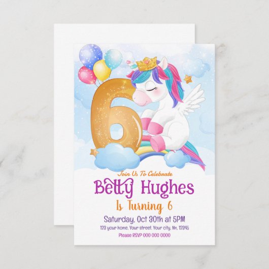 Unicorn 6e anniversaire Invitation (Devant / Derrière)