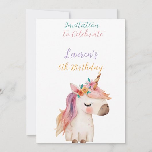 Unicorn 6e anniversaire Invitation (Devant)