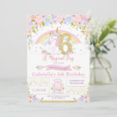 Unicorn 6e anniversaire Invitation Floral Arc-en-c (Debout devant)