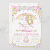 Unicorn 6e anniversaire Invitation Floral Arc-en-c (Devant / Derrière)
