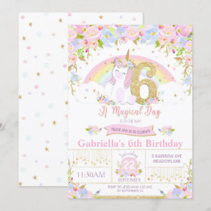 Unicorn 6e anniversaire Invitation Floral Arc-en-c