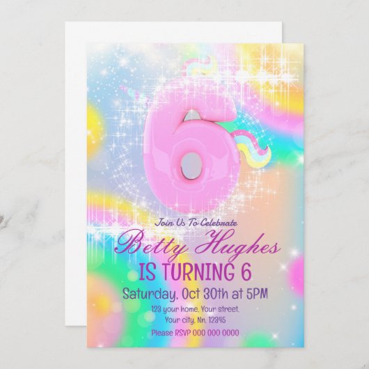 Unicorn 6e verjaardag Uitnodiging (Voorkant / Achterkant)