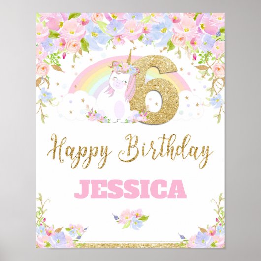 Unicorn 6TH Birthday Party Welcome Poster Sign (Devant)