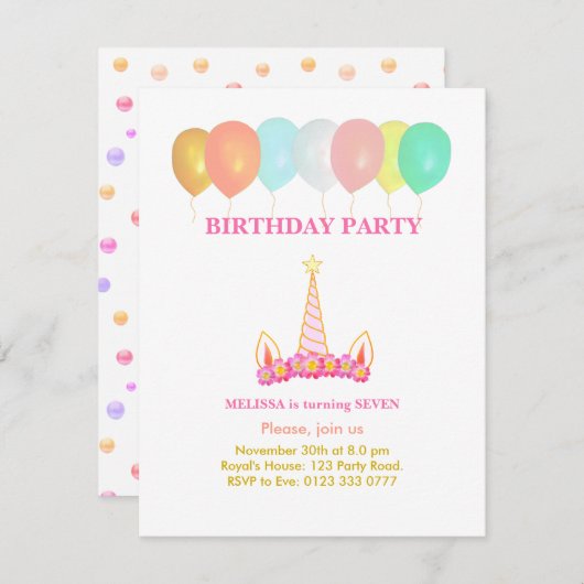 Unicorn 7e anniversaire fête Invitation (Devant / Derrière)