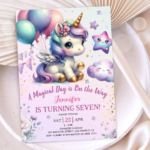 Unicorn 7e anniversaire Invitation fille violet & 