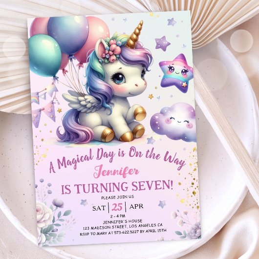 Unicorn 7e anniversaire Invitation fille violet &