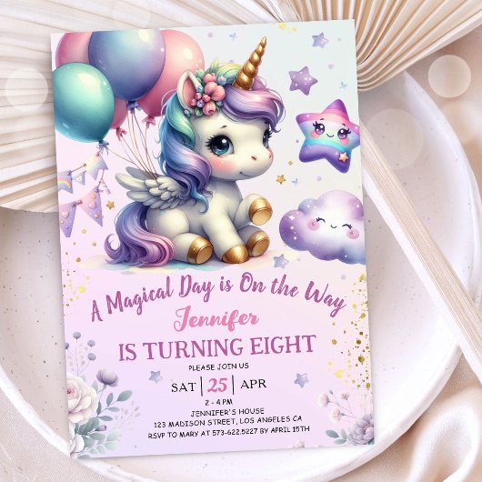 Unicorn 8e anniversaire Invitation fille violet &