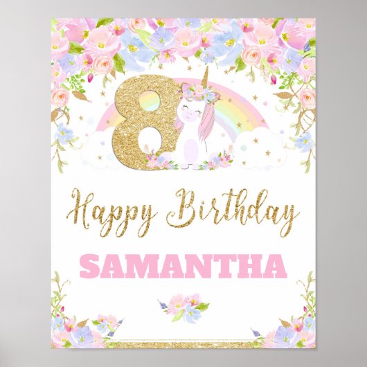 Unicorn 8th Birthday Party Welcome Poster Sign (Voorkant)
